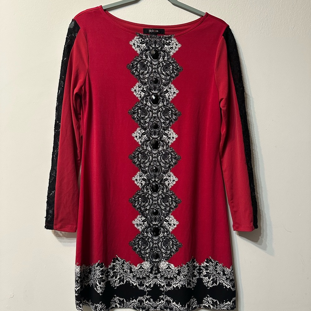 Style & Co. Red Black Beaded Lace Knit Long Sleeve Tunic Blouse Women's S